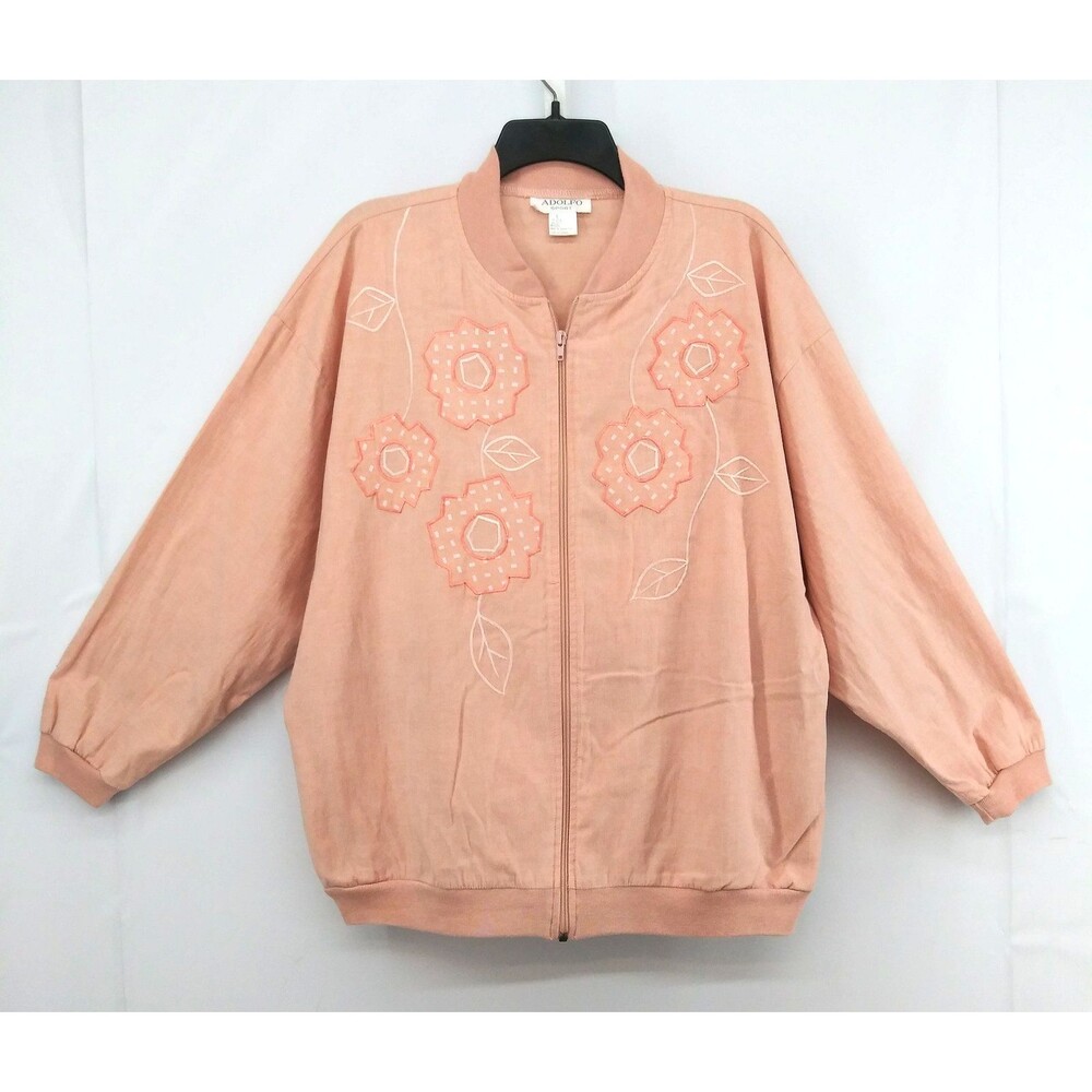 Vintage Adolfo Sport Jacket Womens Large Pink Floral Embroidered Bomber 80s 90s